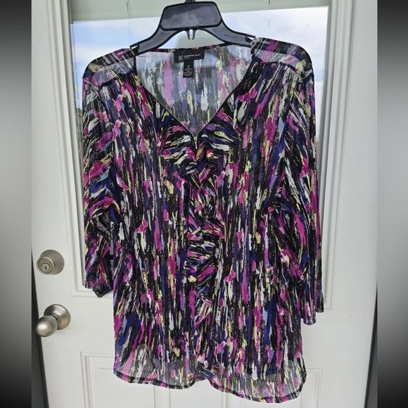 Inc International Sheer Blouse 1X Plus Womens Rainbow Ruffles 3/4 Sleeve Y2K - Picture 2 of 12